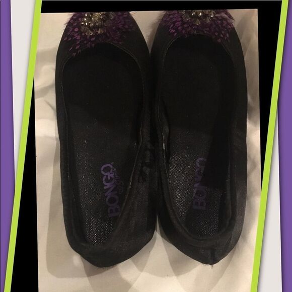 Bongo Black Slip-on Purple Feather Flats 2 - Picture 3 of 4